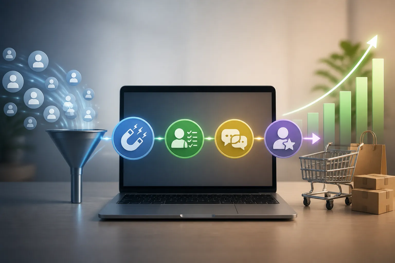 Diagrama pentru sistem vanzari online cu funnel, CRM si raportare